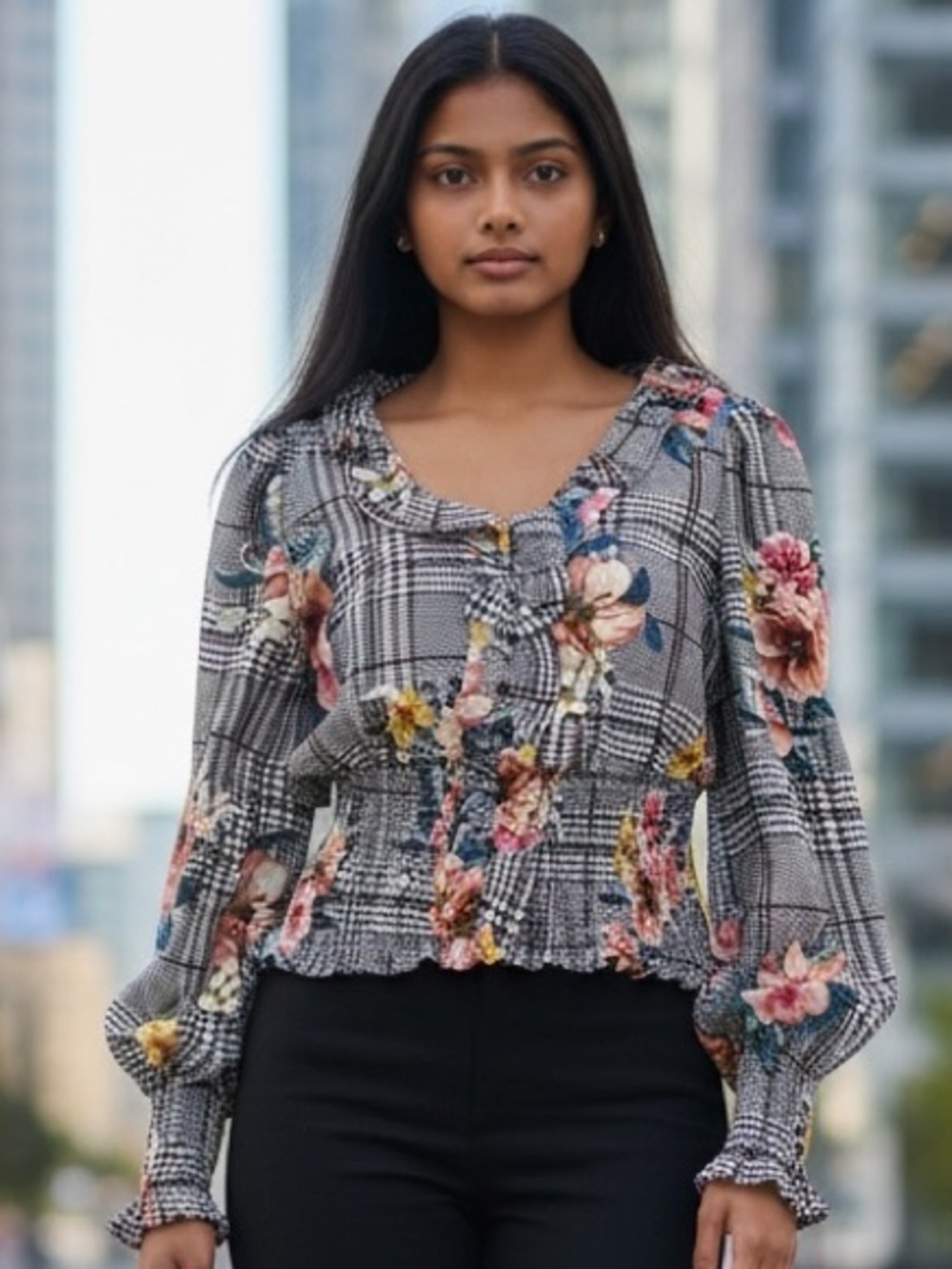 Haute Monde Black Plaid Blouse with Floral Print